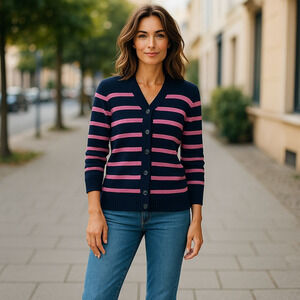 Talbots 100% Cotton Striped Cable Knit Shawl Collar 3/4 Sleeve Anchor Buttons SM